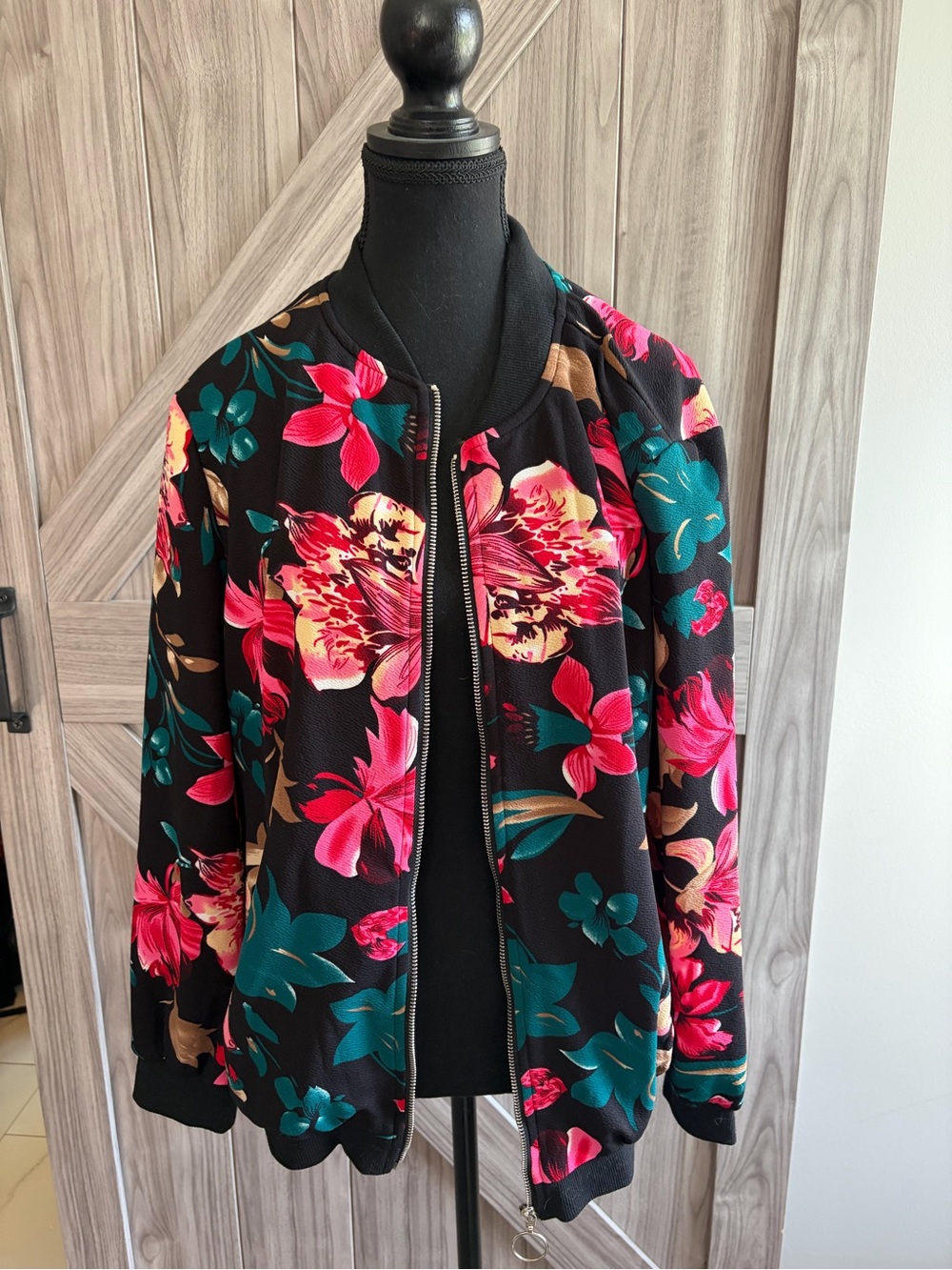 BloomChic Black Bomber Jacket with Pink, Teal & Gold Floral Print
